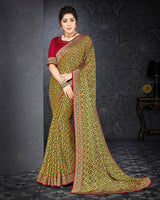 Vishal Prints Dark Olive Green Brasso Saree With Jari Border And Foil Print