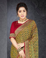 Vishal Prints Dark Olive Green Brasso Saree With Jari Border And Foil Print