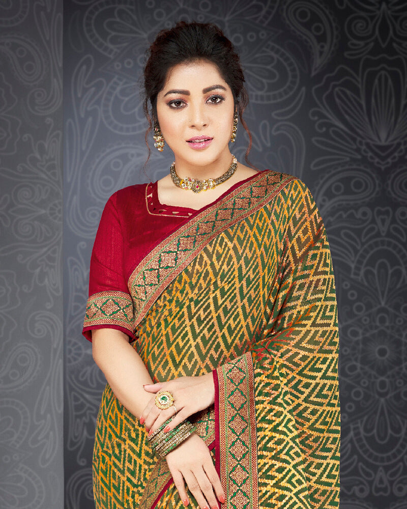Vishal Prints Dark Olive Green Brasso Saree With Jari Border And Foil Print