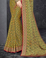 Vishal Prints Dark Olive Green Brasso Saree With Jari Border And Foil Print