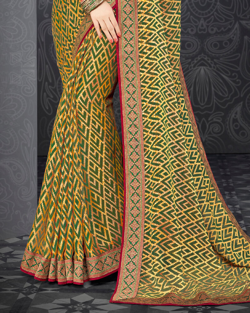 Vishal Prints Dark Olive Green Brasso Saree With Jari Border And Foil Print