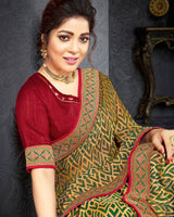 Vishal Prints Dark Olive Green Brasso Saree With Jari Border And Foil Print