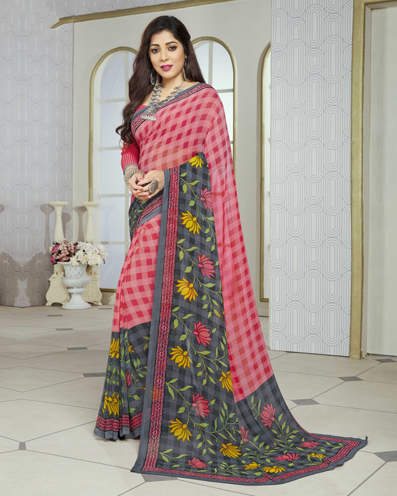Vishal Prints Pink And Grey Printed Georgette Saree