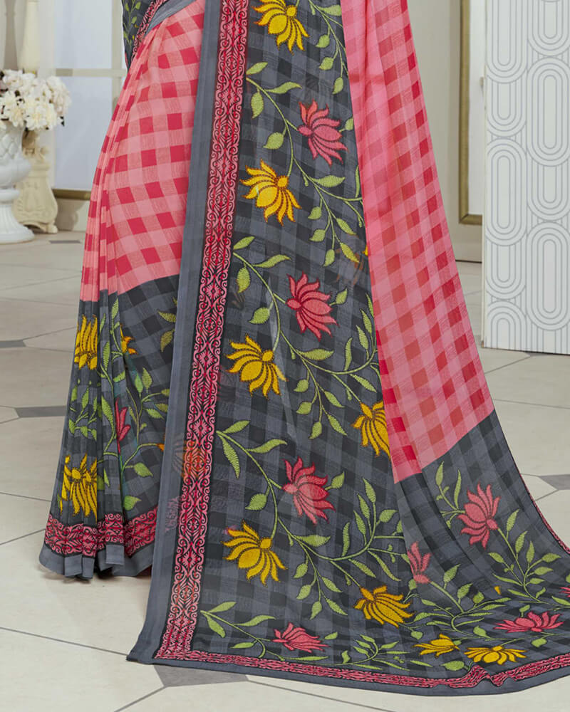 Vishal Prints Pink And Grey Printed Georgette Saree