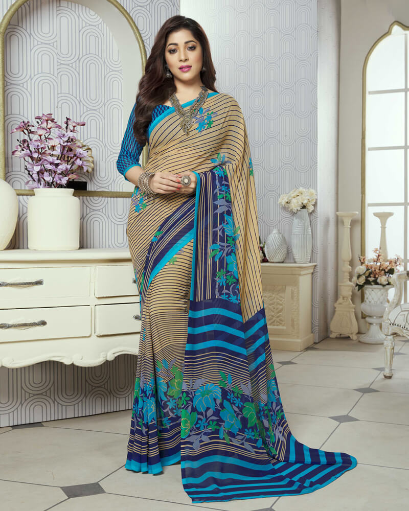 Vishal Prints Beige And Blue Printed Georgette Saree
