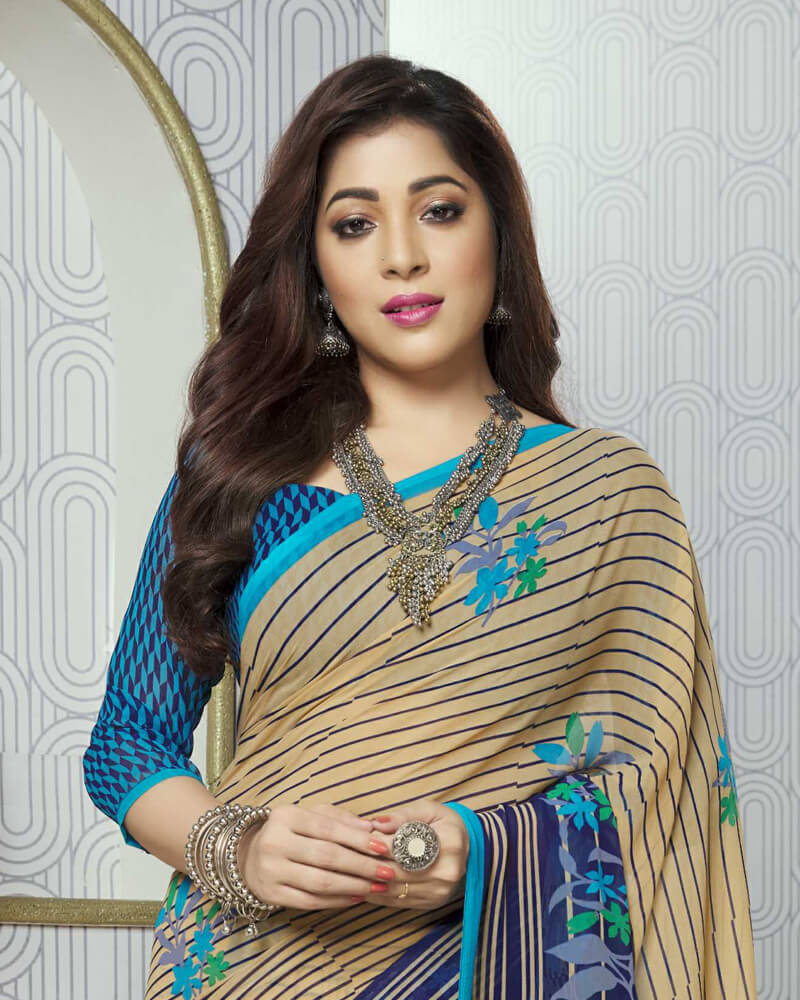 Vishal Prints Beige And Blue Printed Georgette Saree