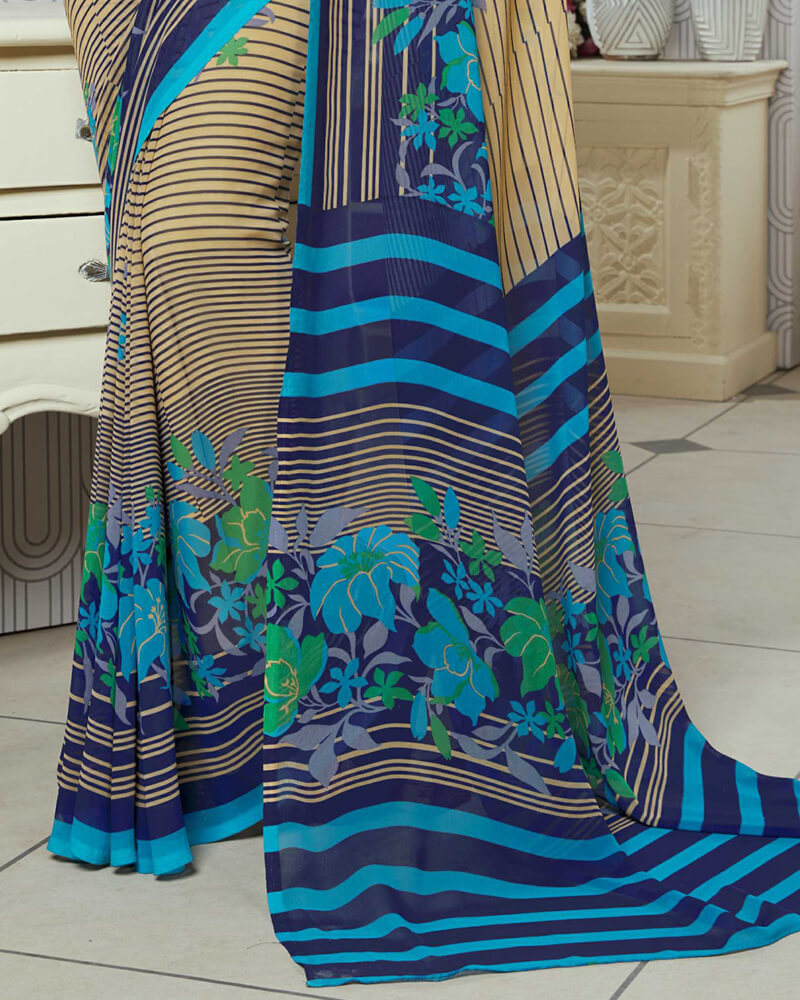 Vishal Prints Beige And Blue Printed Georgette Saree