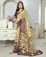 Vishal Prints Pastel Yellow And Wine Printed Georgette Saree