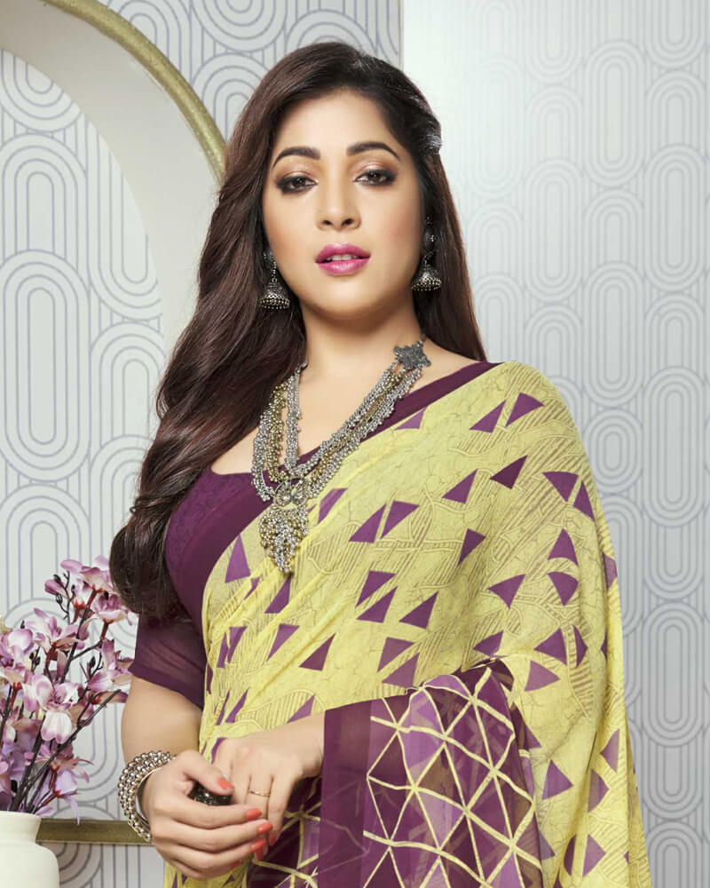 Vishal Prints Pastel Yellow And Wine Printed Georgette Saree