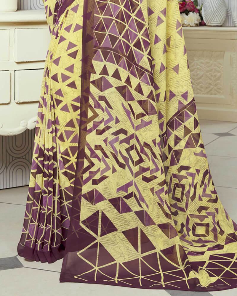 Vishal Prints Pastel Yellow And Wine Printed Georgette Saree