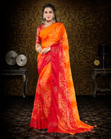 Vishal Prints Orange And Cherry Red Brasso Saree With Foil Print And Tassel