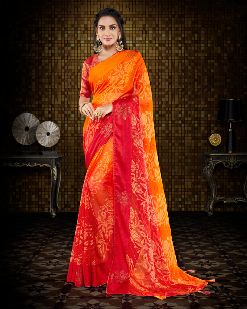 Vishal Prints Orange And Cherry Red Brasso Saree With Foil Print And Tassel