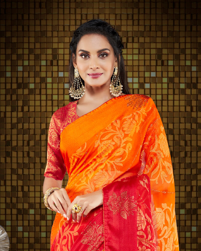 Vishal Prints Orange And Cherry Red Brasso Saree With Foil Print And Tassel