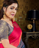 Vishal Prints Pinkish Red And Pastel Blue Brasso Saree With Foil Print And Tassel