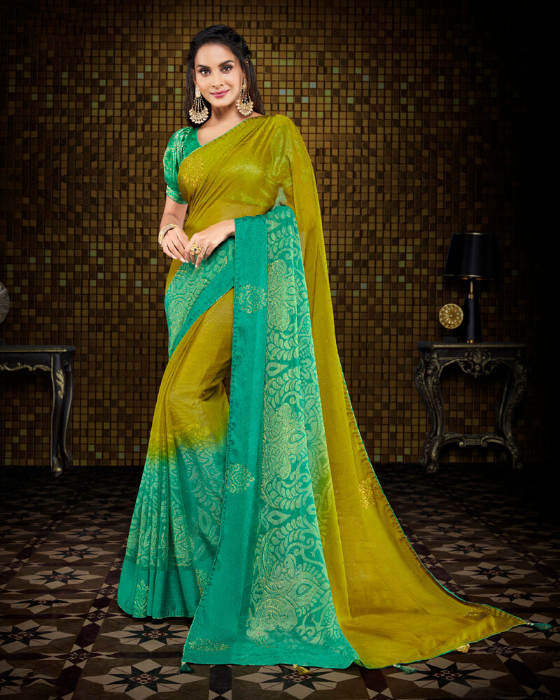 Vishal Prints Olive Yellow And Dark Mint Green Brasso Saree With Foil Print And Tassel