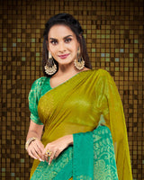 Vishal Prints Olive Yellow And Dark Mint Green Brasso Saree With Foil Print And Tassel