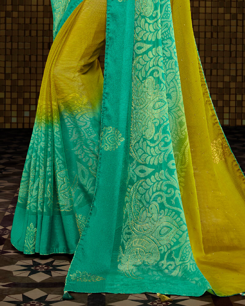 Vishal Prints Olive Yellow And Dark Mint Green Brasso Saree With Foil Print And Tassel