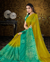 Vishal Prints Olive Yellow And Dark Mint Green Brasso Saree With Foil Print And Tassel