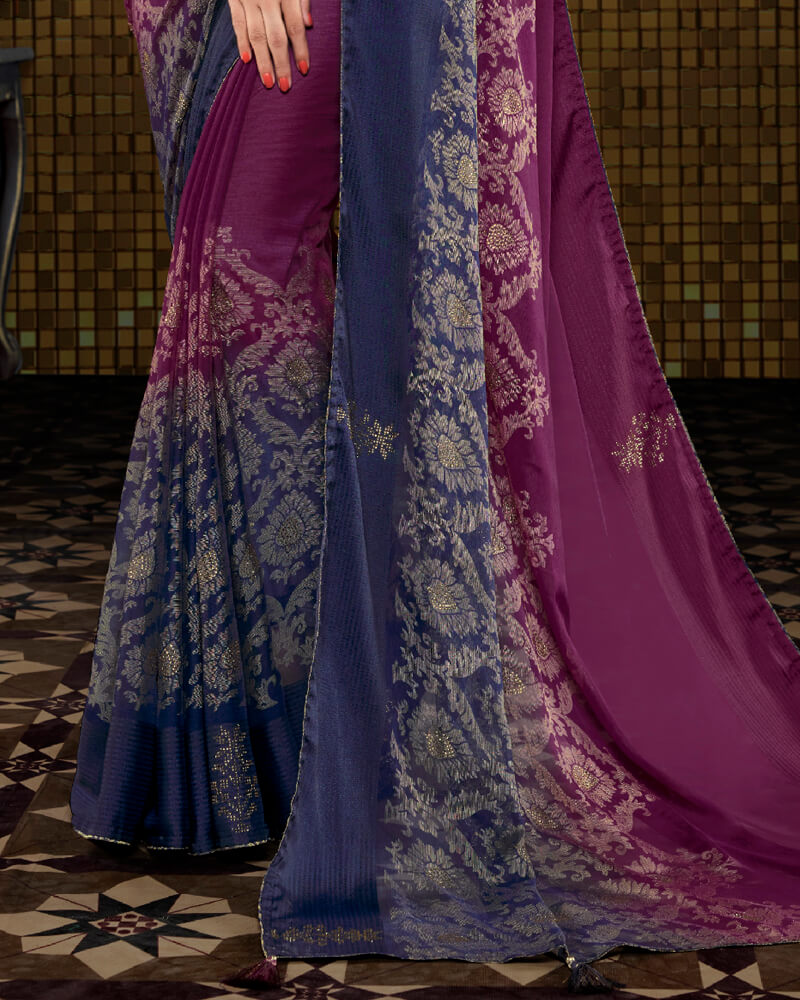 Vishal Prints Wine And Navy Blue Brasso Saree With Foil Print And Tassel