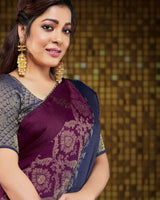 Vishal Prints Wine And Navy Blue Brasso Saree With Foil Print And Tassel
