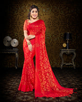 Vishal Prints Red Brasso Saree With Foil Print And Tassel