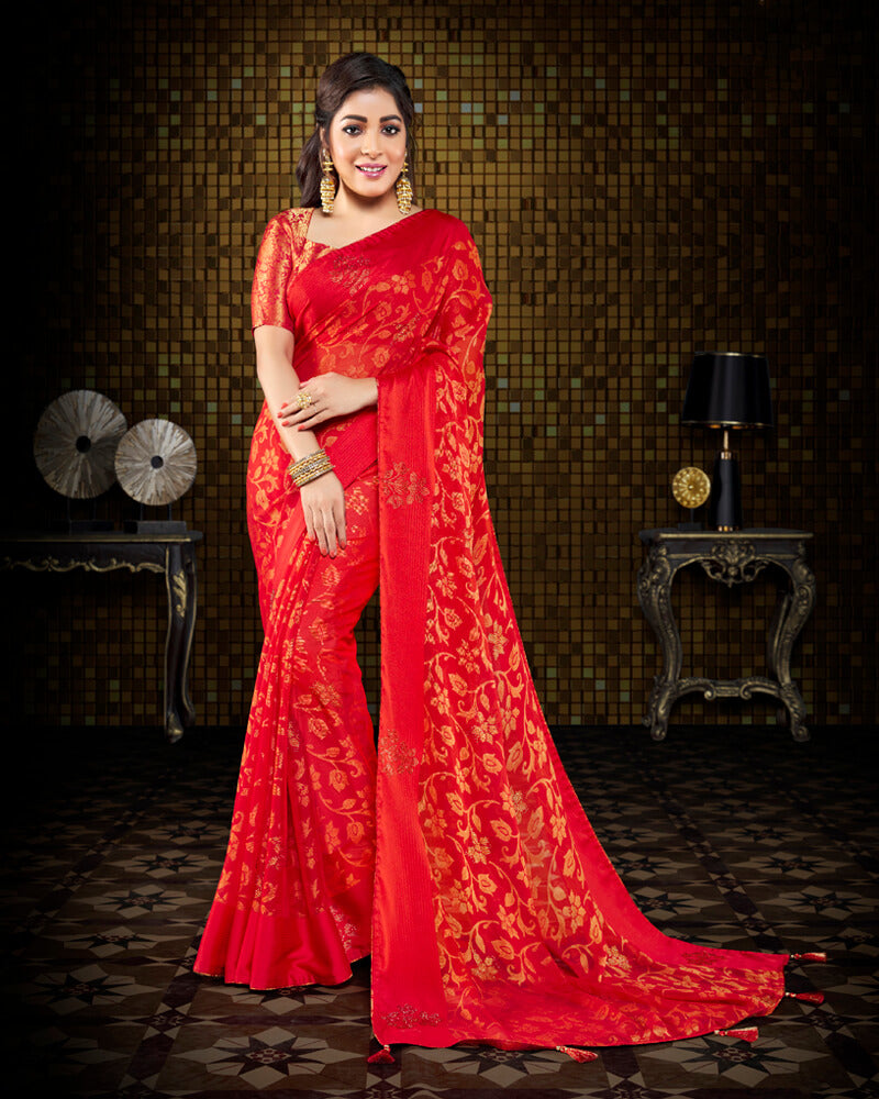 Vishal Prints Red Brasso Saree With Foil Print And Tassel