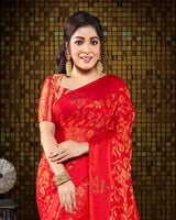 Vishal Prints Red Brasso Saree With Foil Print And Tassel