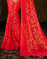 Vishal Prints Red Brasso Saree With Foil Print And Tassel
