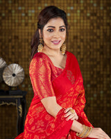 Vishal Prints Red Brasso Saree With Foil Print And Tassel