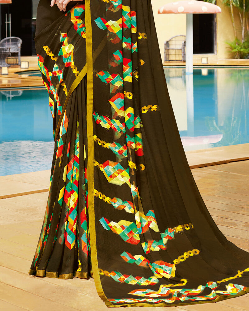Vishal Prints Brown Digital Print Georgette Saree With Piping