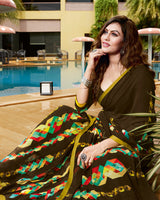 Vishal Prints Brown Digital Print Georgette Saree With Piping