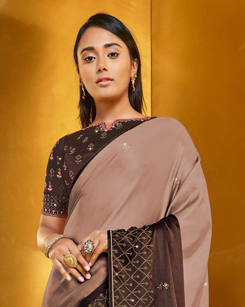 Vishal Prints Light Mauve Satin Saree With Stone Work