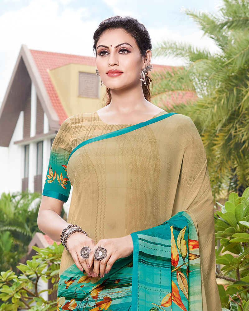 Vishal Prints Fawn Digital Print Georgette Saree With Piping