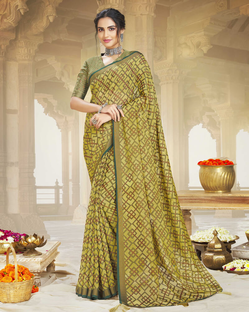 Vishal Prints Light Mehandi Green Brasso Saree With Foil Print And Tassel