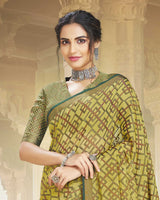 Vishal Prints Light Mehandi Green Brasso Saree With Foil Print And Tassel