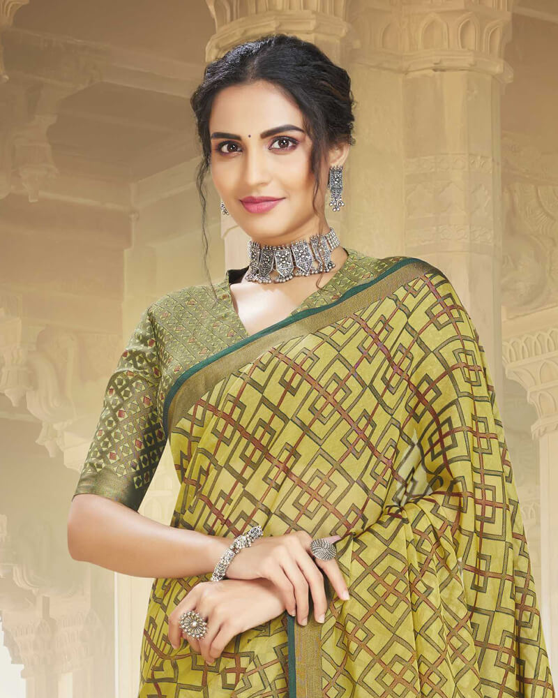 Vishal Prints Light Mehandi Green Brasso Saree With Foil Print And Tassel