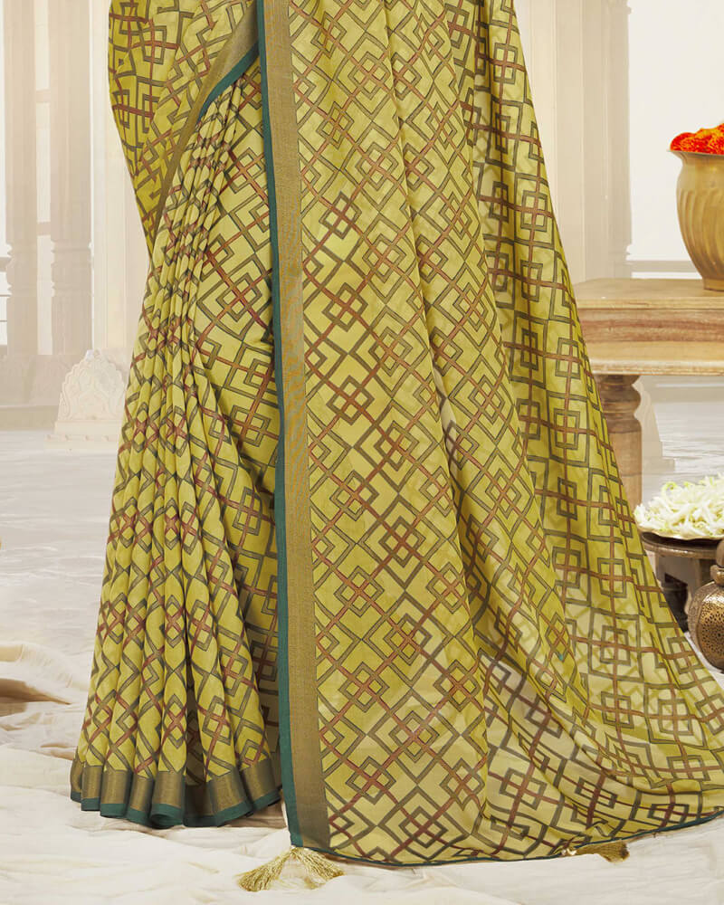 Vishal Prints Light Mehandi Green Brasso Saree With Foil Print And Tassel