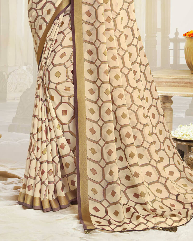 Vishal Prints Pastel Brown Brasso Saree With Foil Print And Tassel