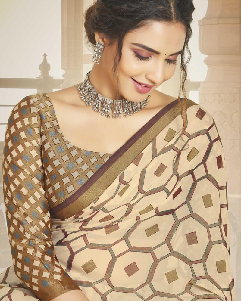 Vishal Prints Pastel Brown Brasso Saree With Foil Print And Tassel