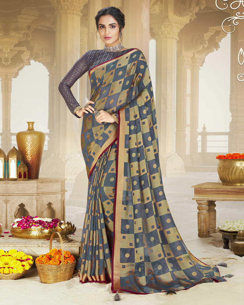Vishal Prints Pastel Blue Brasso Saree With Foil Print And Tassel