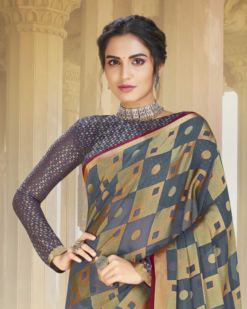 Vishal Prints Pastel Blue Brasso Saree With Foil Print And Tassel