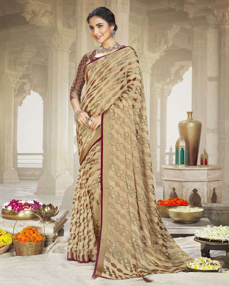 Vishal Prints Beige Brasso Saree With Foil Print And Tassel