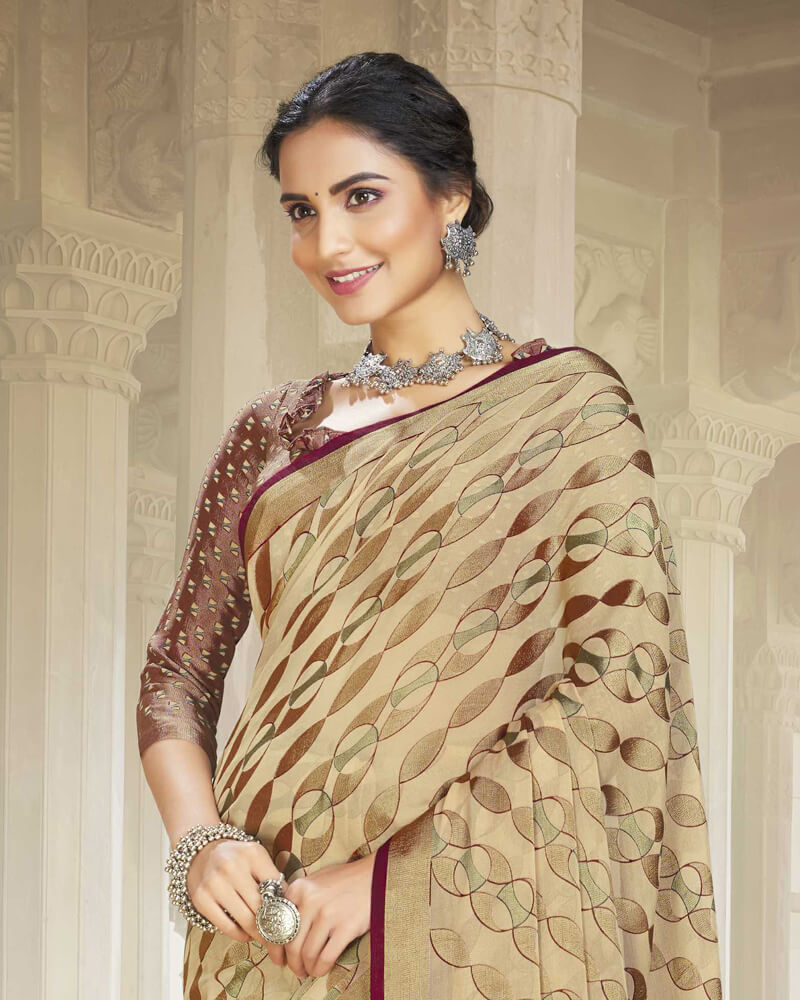 Vishal Prints Beige Brasso Saree With Foil Print And Tassel