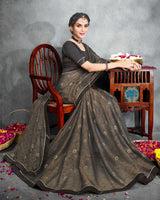 Vishal Prints Dark Grey Brasso Saree With Foil Print And Jari Border