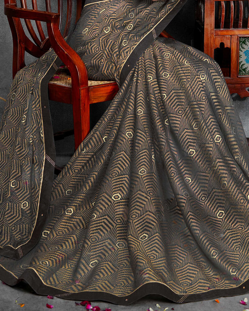 Vishal Prints Dark Grey Brasso Saree With Foil Print And Jari Border