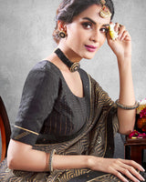 Vishal Prints Dark Grey Brasso Saree With Foil Print And Jari Border