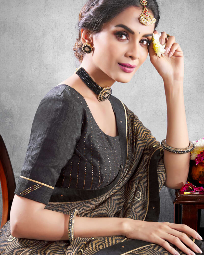 Vishal Prints Dark Grey Brasso Saree With Foil Print And Jari Border