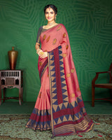 Vishal Prints Coral Pink And Burgandy Brasso Saree With Foil Print And Jari Border