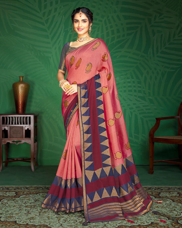 Vishal Prints Coral Pink And Burgundy Brasso Saree With Foil Print And Jari Border