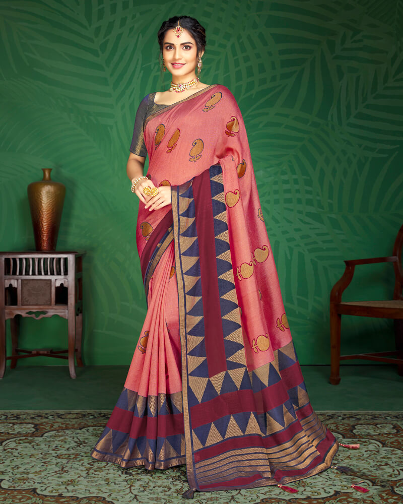 Vishal Prints Coral Pink And Burgandy Brasso Saree With Foil Print And Jari Border